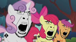 Size: 1280x720 | Tagged: safe, edit, edited screencap, screencap, apple bloom, scootaloo, sweetie belle, bbc, cutie mark crusaders, ear, glasses, horn, meme, open mouth, purple hair, queen of spades, soyjak, stubble, wojak