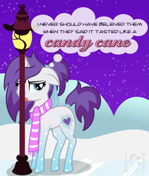 Size: 1275x1514 | Tagged: safe, artist:partylikeanartist, oc, oc only, oc:indigo wire, pony, unicorn, candy, candy cane, clothes, food, horn, lamppost, scarf, snow, solo, striped scarf, stuck, text, thought bubble, tongue out, tongue stuck to pole, unicorn oc, winter